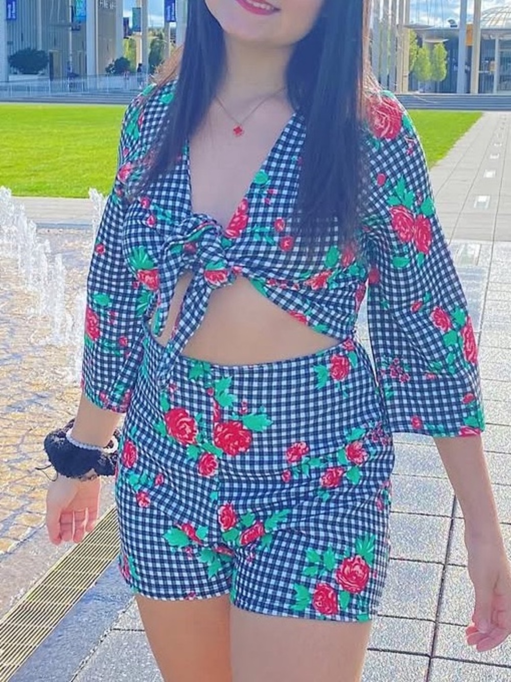 Boohoo Black Gingham Top with Pink Floral Print and Green Accents